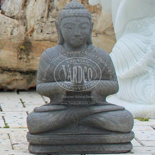 Sitting Buddha in Andesite Lavastone with Praying Hands on display