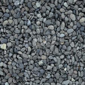 Imported Indonesian Sumatra gray beach pebbles, chat size, on display at Yardco.